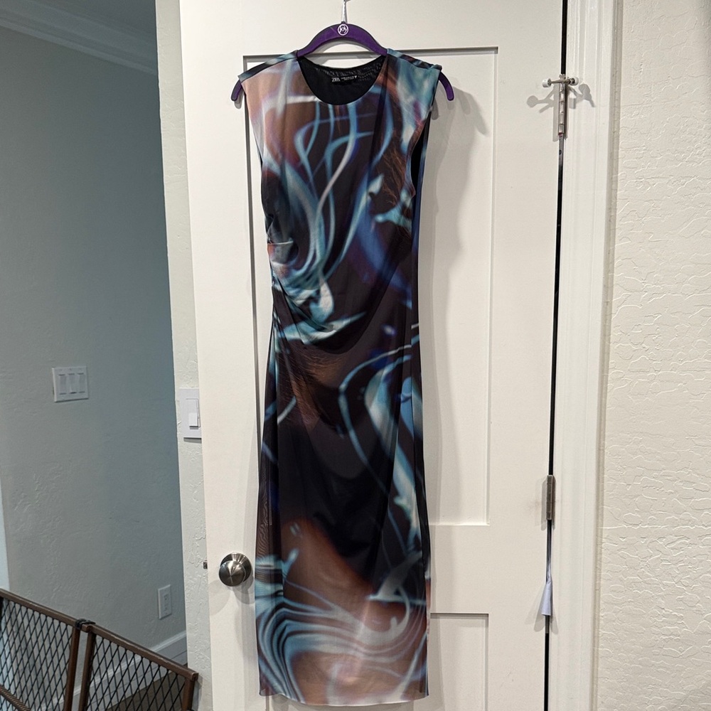 Zara Blue and Brown Abstract Midi Dress